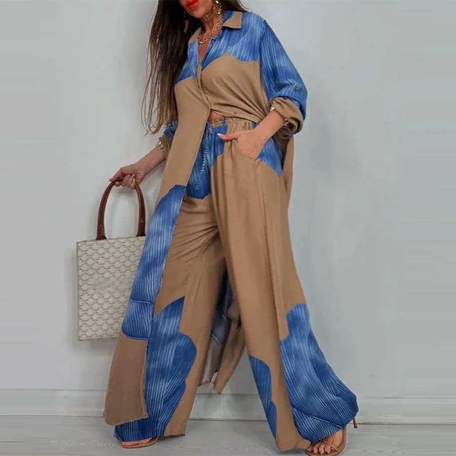 Fashion Loose Printed 2-piece Set Women's Single-breasted Cardigan Robe Wide-leg Pants Casual Two-piece Outfit Woman Dress