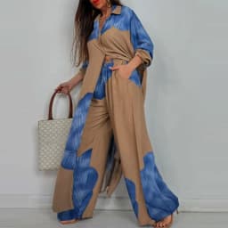 Fashion Loose Printed 2-piece Set Women's Single-breasted Cardigan Robe Wide-leg Pants Casual Two-piece Outfit Woman Dress