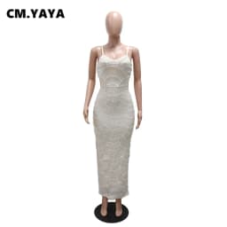 CM.YAYA 2025 Summer Women Sequins Beading Strap Sleeveless Bodycon Maxi Long Dress Sexy Night Evening Birthday Party Dresses