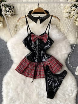 SINGREINY Lace Up Sexy Night Dress Strap Splice Porno Backless Sleepwear Nightwears+Thongs Ladies PU Leather Erotic Short Dress