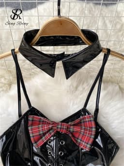 SINGREINY Lace Up Sexy Night Dress Strap Splice Porno Backless Sleepwear Nightwears+Thongs Ladies PU Leather Erotic Short Dress