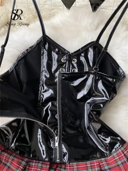 SINGREINY Lace Up Sexy Night Dress Strap Splice Porno Backless Sleepwear Nightwears+Thongs Ladies PU Leather Erotic Short Dress