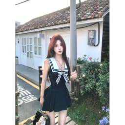 Kawaii Bow Mini Dress Women Japanese Lolita Sailor Collar Pleated Dresses Summer Ladies Y2K Fashion Sleeveless Bodycon Vestidos