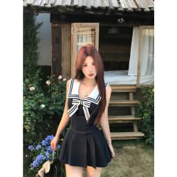 Kawaii Bow Mini Dress Women Japanese Lolita Sailor Collar Pleated Dresses Summer Ladies Y2K Fashion Sleeveless Bodycon Vestidos
