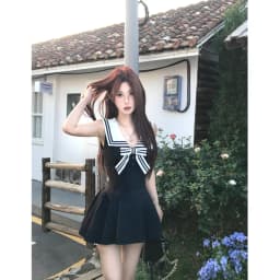 Kawaii Bow Mini Dress Women Japanese Lolita Sailor Collar Pleated Dresses Summer Ladies Y2K Fashion Sleeveless Bodycon Vestidos