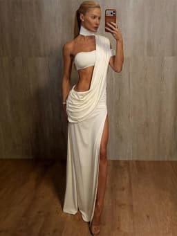 Cutenew Halter Elegant Dress Women Turtleneck Chest Wrapped Single Shoulder Irregular Ruched Slit Peach Hip Sexy Maxi Bodycon