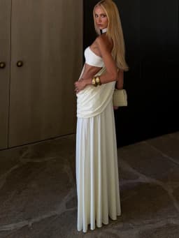 Cutenew Halter Elegant Dress Women Turtleneck Chest Wrapped Single Shoulder Irregular Ruched Slit Peach Hip Sexy Maxi Bodycon