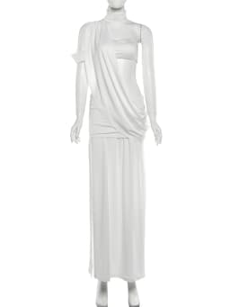 Cutenew Halter Elegant Dress Women Turtleneck Chest Wrapped Single Shoulder Irregular Ruched Slit Peach Hip Sexy Maxi Bodycon