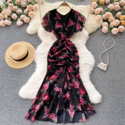 Vintage chiffon print Elegant V-neck Dress ruffle Casual High Waist Women Summer Mermaid sweet dresses