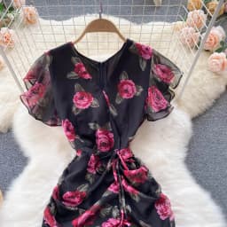 Vintage chiffon print Elegant V-neck Dress ruffle Casual High Waist Women Summer Mermaid sweet dresses