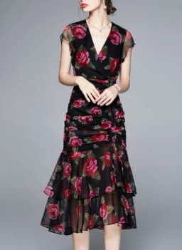 Vintage chiffon print Elegant V-neck Dress ruffle Casual High Waist Women Summer Mermaid sweet dresses