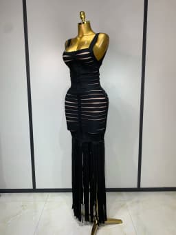 Women Sexy Sleeveless Square Collar Black Tassel Long Bandange Dresses Elegant Evening Party Birthday Gown Design Club Dress