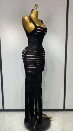 Women Sexy Sleeveless Square Collar Black Tassel Long Bandange Dresses Elegant Evening Party Birthday Gown Design Club Dress