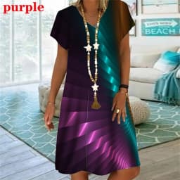 New Rainbow Striped 3D Print Women Dress Elegant Sweet Casual V-Neck Short Sleeve A-Line Dress Summer Fashion Oversized Clothing