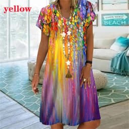 New Rainbow Striped 3D Print Women Dress Elegant Sweet Casual V-Neck Short Sleeve A-Line Dress Summer Fashion Oversized Clothing