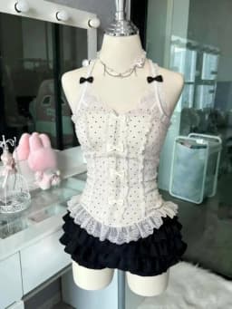 French Style Sweet Cute Polka Dot Splicing Dress Lace Bow Korean Fashion Dresses New Design Slim Waist Lady Y2k Mini Dress