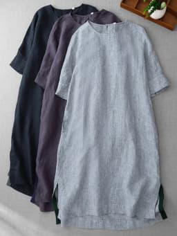 Retro Cotton Linen Midi Dress Summer New Style Slimming Belly Covering Women's A-Line Midi Skirt Casual Style Loose Waist