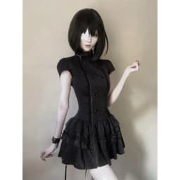 New Gothic Lolita Y2K Women's Mini Dress Double Breasted Striped Ruffle Hem Slim Fit Harajuku Dark Cute Night Out Streetwear