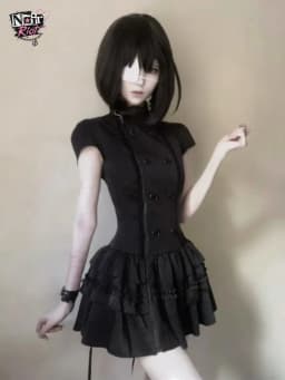 New Gothic Lolita Y2K Women's Mini Dress Double Breasted Striped Ruffle Hem Slim Fit Harajuku Dark Cute Night Out Streetwear