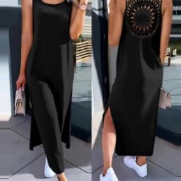 Summer Sleeveless Hollow Sexy Loose Dress Women Fashion Slit Solid Casual Dresses Women Round Neck Mid Length Slim Ladies Dress