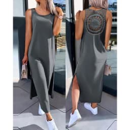 Summer Sleeveless Hollow Sexy Loose Dress Women Fashion Slit Solid Casual Dresses Women Round Neck Mid Length Slim Ladies Dress