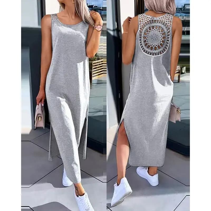 Summer Sleeveless Hollow Sexy Loose Dress Women Fashion Slit Solid Casual Dresses Women Round Neck Mid Length Slim Ladies Dress