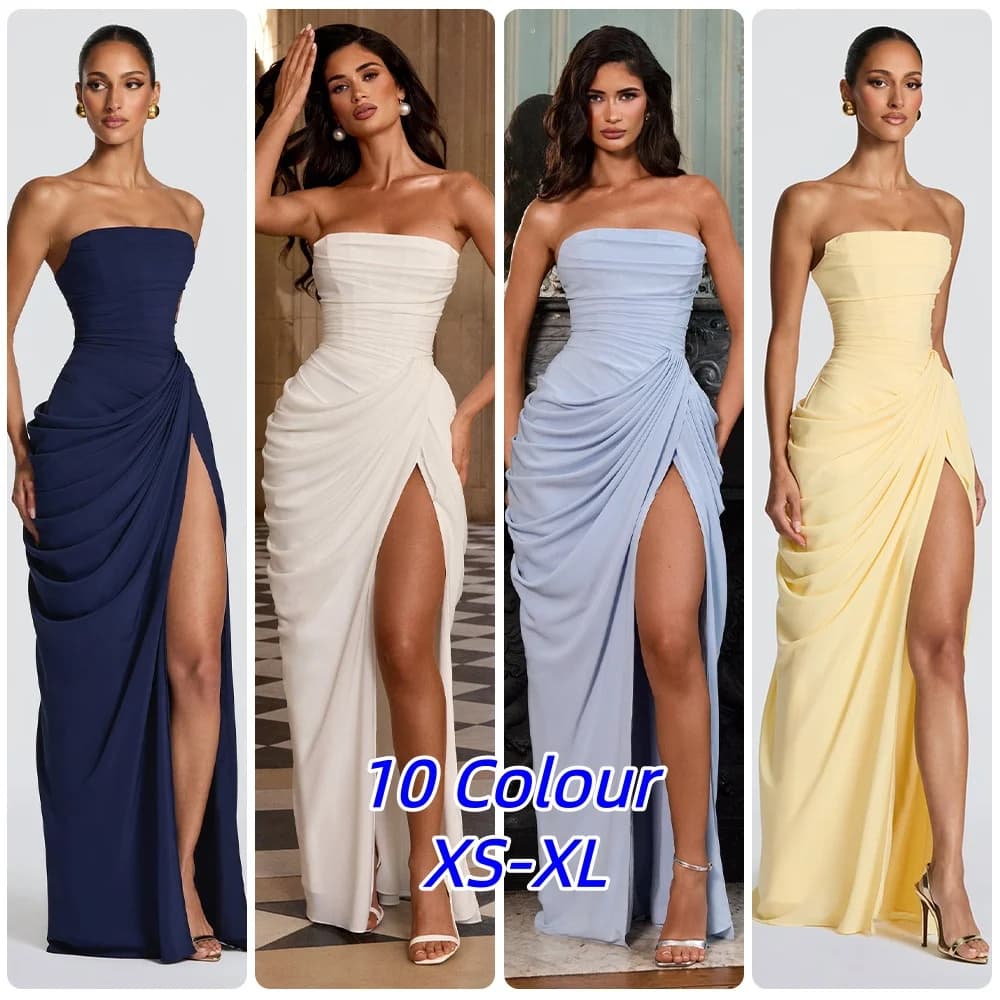 Sexy Solid Pleated Strapless Dress Lady Chic Off-shoulder Backless High Waist Split Dresses Women 2026 New Evening Party Gown