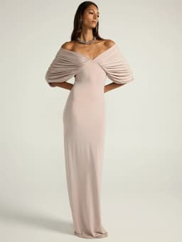 Mozision Women Off-shoulder Ruched Sexy Maxi Dress Elegant Deep V Neck Draped Sleeve Bodycon Club Party Long Dresses Female