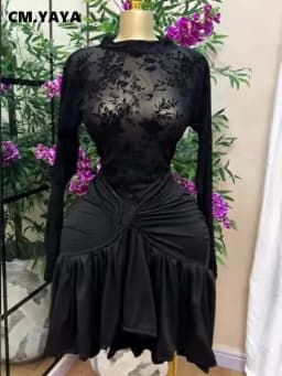 CM.YAYA Women Black Floral Velvet Mesh Sheer Long Sleeve High Neck Ruched Waist Ruffle Irregular Hem Bodycon Mini Party Dress
