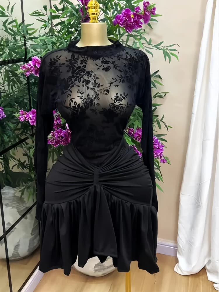 CM.YAYA Women Black Floral Velvet Mesh Sheer Long Sleeve High Neck Ruched Waist Ruffle Irregular Hem Bodycon Mini Party Dress