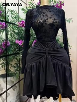 CM.YAYA Women Black Floral Velvet Mesh Sheer Long Sleeve High Neck Ruched Waist Ruffle Irregular Hem Bodycon Mini Party Dress