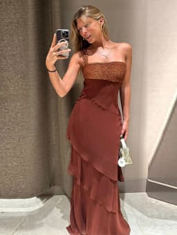 Women Dress Chiffon Strapless Detachable Neck Maxi Dress Scarf Strap Multi Tier Ruffle Layered Flowy Hem Slim Elegant Dress Lady