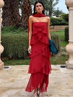 Women Dress Chiffon Strapless Detachable Neck Maxi Dress Scarf Strap Multi Tier Ruffle Layered Flowy Hem Slim Elegant Dress Lady