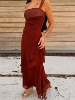 Women Dress Chiffon Strapless Detachable Neck Maxi Dress Scarf Strap Multi Tier Ruffle Layered Flowy Hem Slim Elegant Dress Lady
