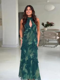 Women Dress Chiffon Strapless Detachable Neck Maxi Dress Scarf Strap Multi Tier Ruffle Layered Flowy Hem Slim Elegant Dress Lady