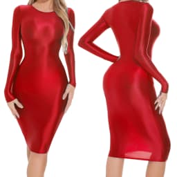 Womens Oil-shiny Hip Wrap Bodycon Dress Round Neck Long SleeveSleep Dress Sexy Nightwear Rave Party Clubwear Female Clothing
