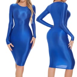 Womens Oil-shiny Hip Wrap Bodycon Dress Round Neck Long SleeveSleep Dress Sexy Nightwear Rave Party Clubwear Female Clothing