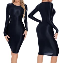Womens Oil-shiny Hip Wrap Bodycon Dress Round Neck Long SleeveSleep Dress Sexy Nightwear Rave Party Clubwear Female Clothing