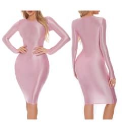 Womens Oil-shiny Hip Wrap Bodycon Dress Round Neck Long SleeveSleep Dress Sexy Nightwear Rave Party Clubwear Female Clothing