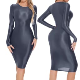 Womens Oil-shiny Hip Wrap Bodycon Dress Round Neck Long SleeveSleep Dress Sexy Nightwear Rave Party Clubwear Female Clothing
