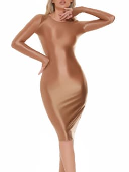 Womens Oil-shiny Hip Wrap Bodycon Dress Round Neck Long SleeveSleep Dress Sexy Nightwear Rave Party Clubwear Female Clothing