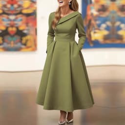 Olive Green Asymmetric Collar Long-Sleeve Midi Dress Elegant A-Line Wedding Guest Gown with Pockets Formal Bridal Event Outfit