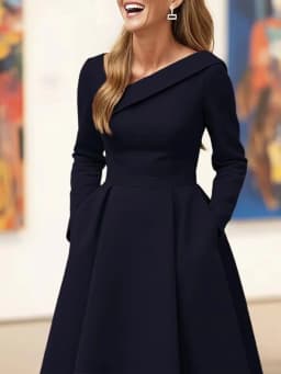 Olive Green Asymmetric Collar Long-Sleeve Midi Dress Elegant A-Line Wedding Guest Gown with Pockets Formal Bridal Event Outfit
