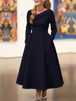 Olive Green Asymmetric Collar Long-Sleeve Midi Dress Elegant A-Line Wedding Guest Gown with Pockets Formal Bridal Event Outfit