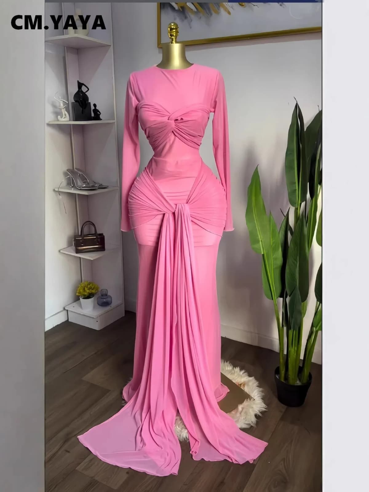 CM.YAYA Women Mesh See Though Long Sleeve Maxi Bowknot Long Dress 2026 Birthday Vacation Sexy Club Party Evening Street Dresses