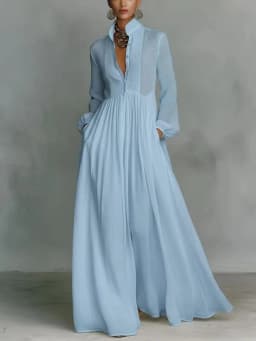 Women's Elegant Single Breasted Long Dress 2026 French High Waist Solid Pockets Pleated Maxi Evening Dress