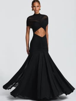 JULISSA MO Patchwork Sexy Hollow Out Sheer Mesh Women Maxi Dress Turtleneck Ruched Dress Spring Slim Elegant Party Evening Dress