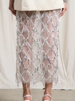 Fashion Glitter Solid Side Split Skirt Sexy Hollow Out Tassel Sequins Half Skirt Hot Girl See-through Slim Cocktail Party Skirts