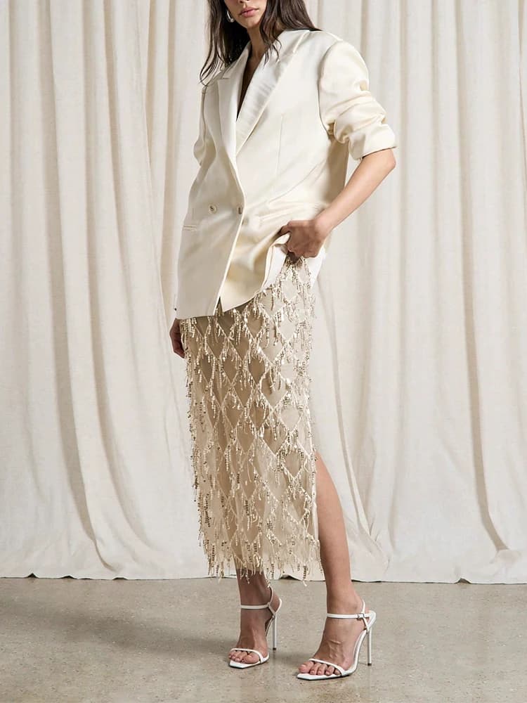 Fashion Glitter Solid Side Split Skirt Sexy Hollow Out Tassel Sequins Half Skirt Hot Girl See-through Slim Cocktail Party Skirts