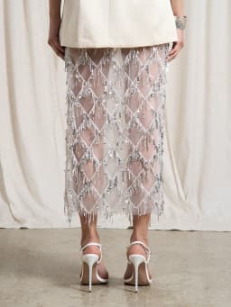 Fashion Glitter Solid Side Split Skirt Sexy Hollow Out Tassel Sequins Half Skirt Hot Girl See-through Slim Cocktail Party Skirts